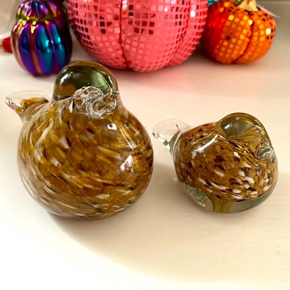 Brown & Gold Speckled Glass Birds Mother and Baby Paperweights